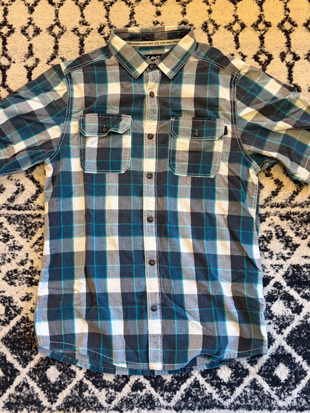 KAVU Shirt Mens M Blue Plaid Short Sleeved Casual Button Down Gorpcore Summer
